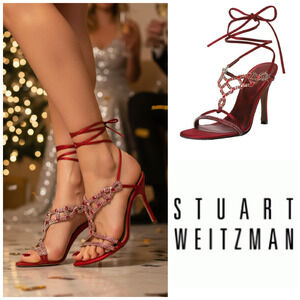 NEW Stuart Weitzman Lightshow Ruby Red Bejeweled Satin Heels Sandals Sz 7.5 NWB
